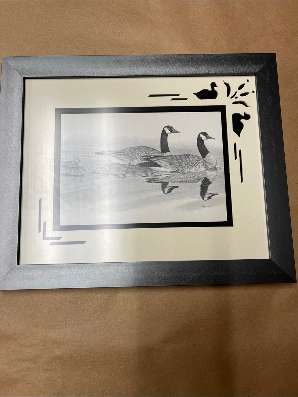 Silver Metal Frame w’ cutout Mat Canada Geese Art Print - Framed Wall Art